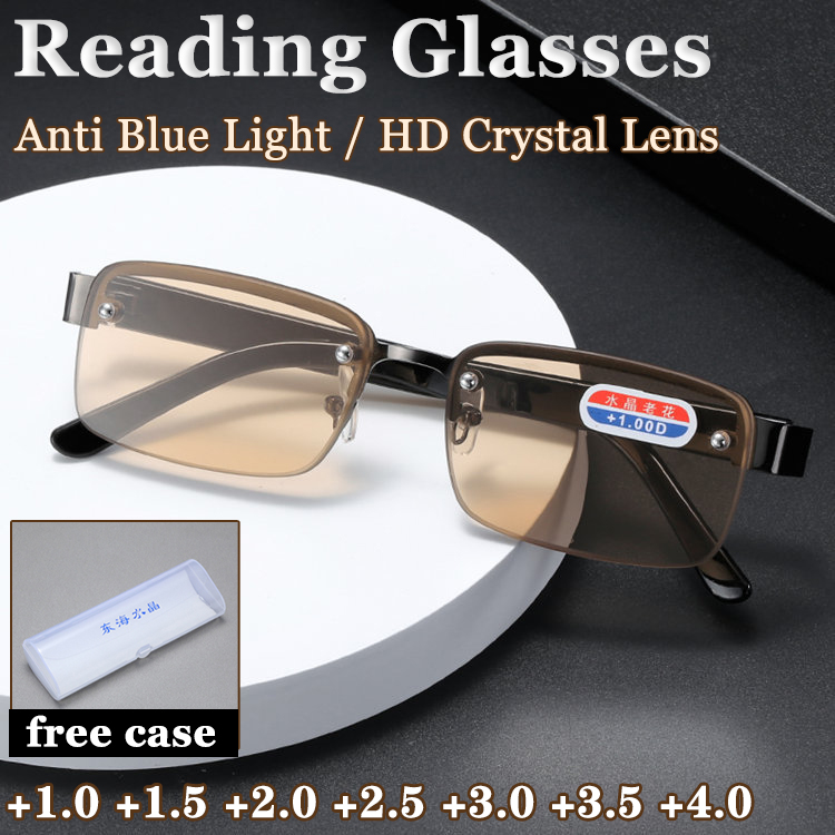 Anti Blue Light Reading Glasses With Case For Men Anti-Scratch Crystal Glass HD Lenses Half-frame Presbyopic Eyewear With Diopter +1.0 to +4.0