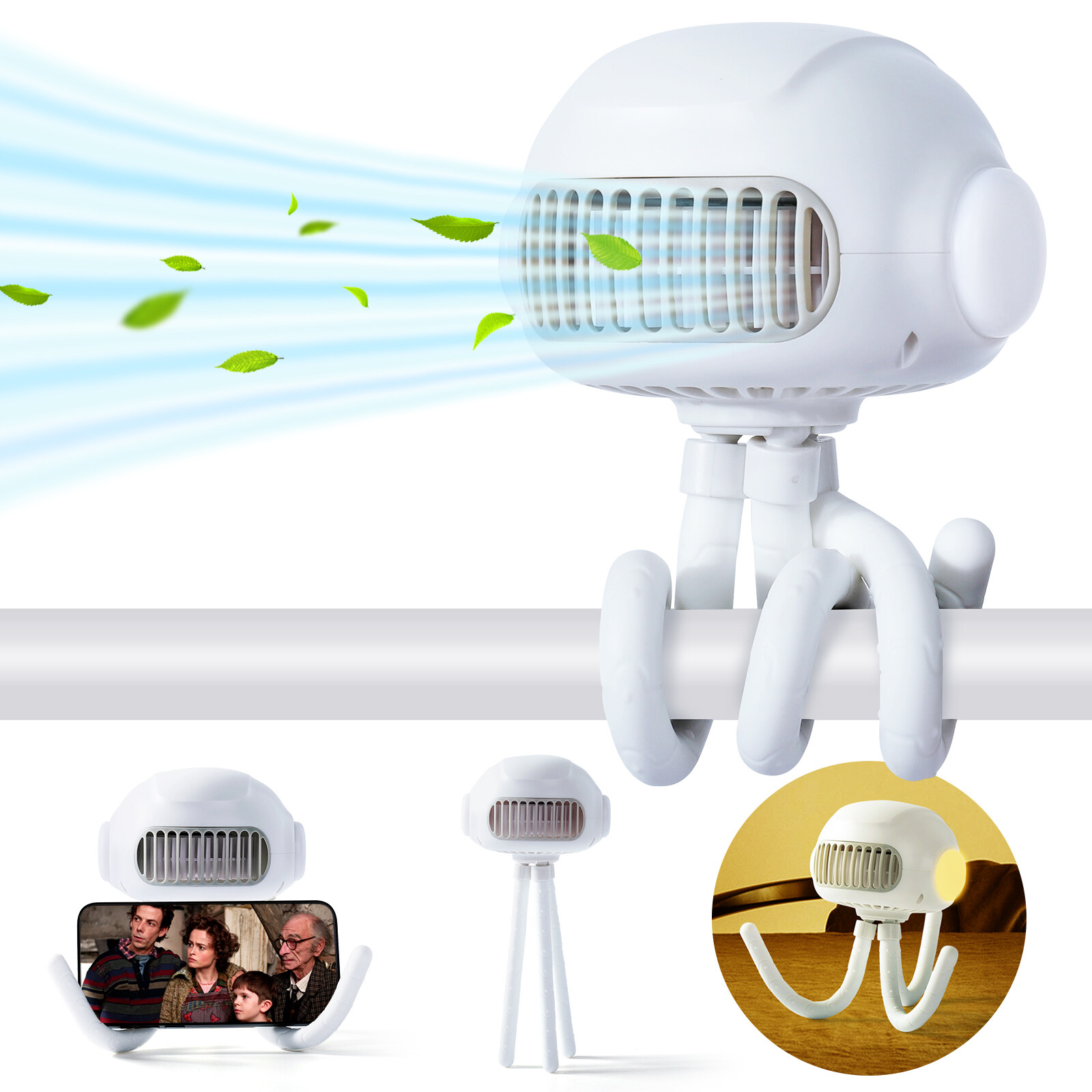 Orzbow Portable Mini Stroller Fan with Flexible Upgrade Tripod Cute Jellyfish Shape Design USB Rechargeable Personal Handheld Fan