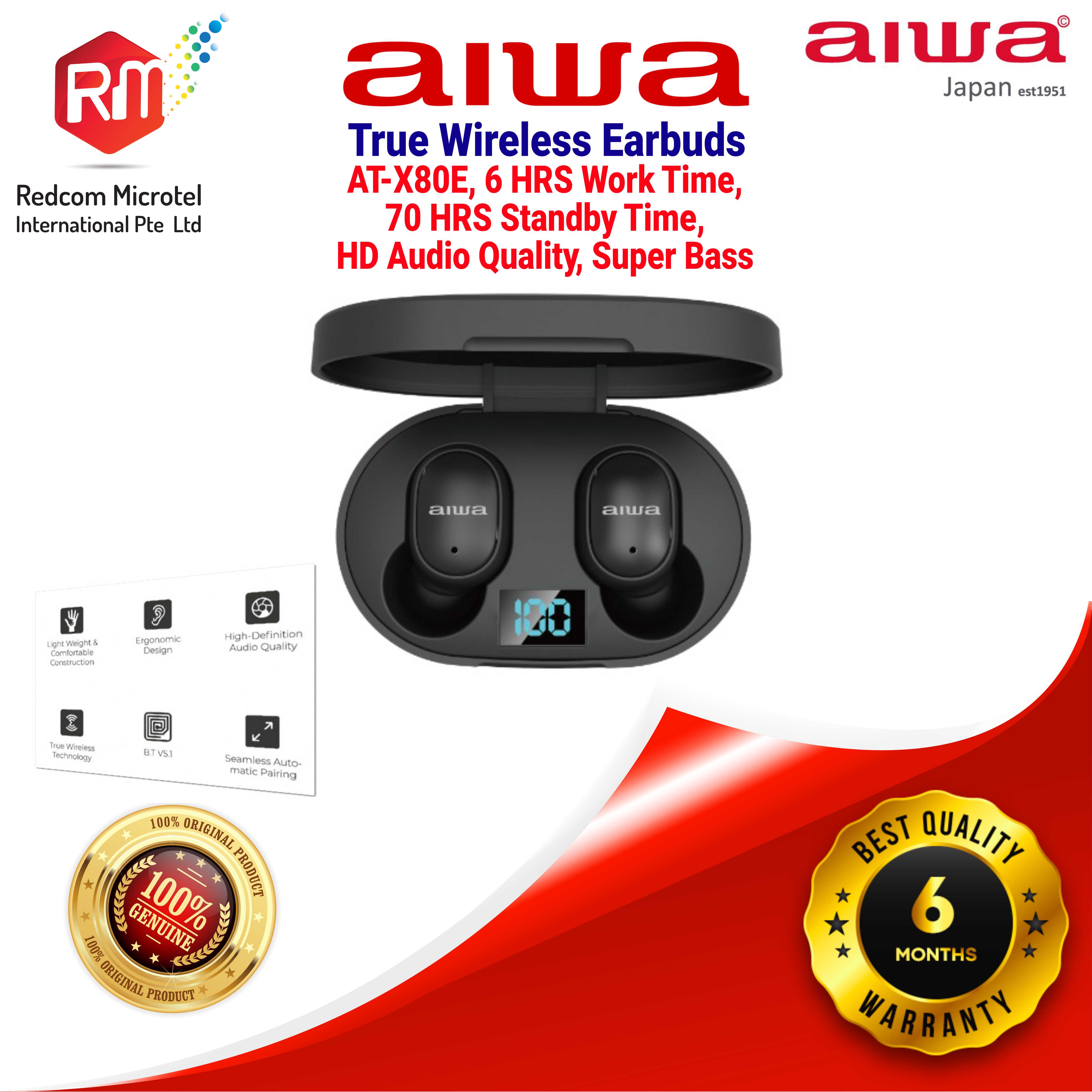 Aiwa True Wireless Earbuds AT-X80E (BLACK), HD Quality Super Bass, 6H Working Time, 70H Standby Time, 10 Mtrs Transmission Range