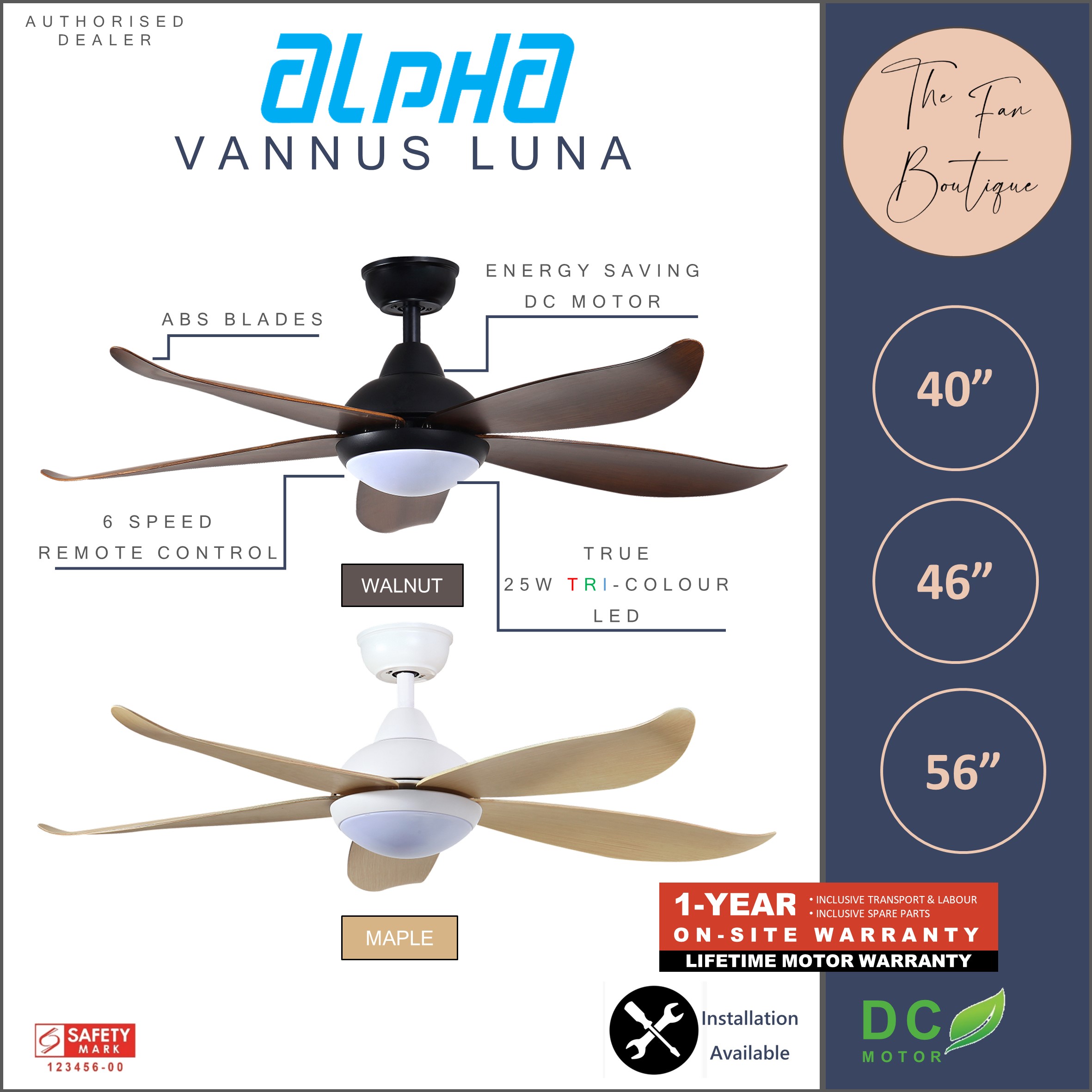 ALPHA Vannus Luna 46" DC Motor Ceiling Fan with 25w LED Light and Remote Control