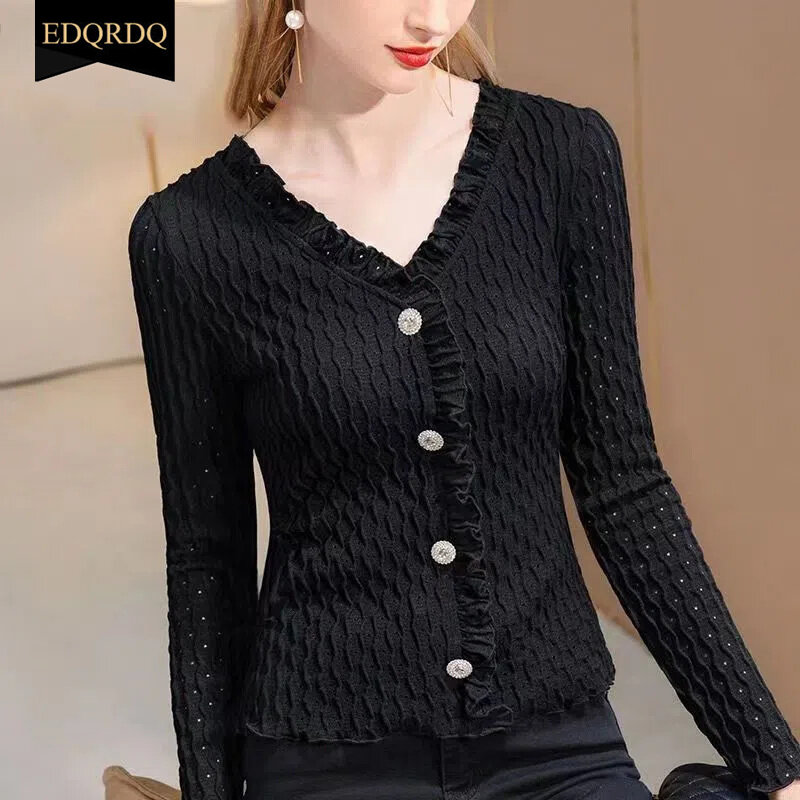 EDQRDQ Elegant Chiffon Tops Falbala Ruffles V Neck Button Blouses for Women